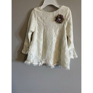 Nannette Girls Cream Lace Boho Tunic Dress w/ Leopard Flower Brooch 24 M Cottage